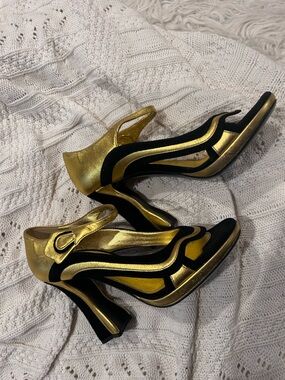 Prada Metallic Gold and Black Sculptural Slingback Heels